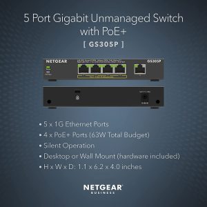 NETGEAR 5-Port Gigabit Ethernet Unmanaged PoE Switch (GS305P v2) – with 4 x PoE+ @ 63W, Desktop or Wall Mount