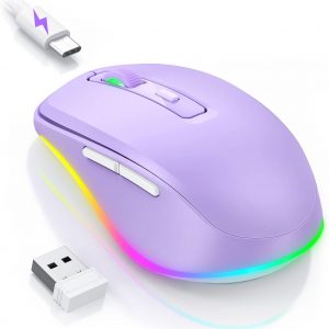 Wireless Mouse Jiggler – LED Wireless Mice with Build-in Mouse Mover, Rechargeable Moving Mouse for Laptop with Undetectable Random Movement Keeps Computers Awake – Purple