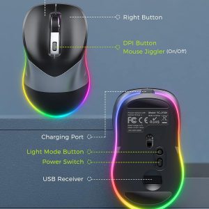 Wireless Mouse, Jiggler Mouse for Laptop – LED Mouse Rechargeable Computer Mice Mouse Mover Undetectable Random Movement with On/Off Button Keeps Computer Awake – Black&Grey