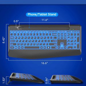 Wireless Keyboard with 7 Colored Backlits, Wrist Rest, Phone Holder, Rechargeable Ergonomic Computer Keyboard with Silent Keys, Full Size Lighted Keyboard for Windows, MacBook, PC, Laptop (Black)